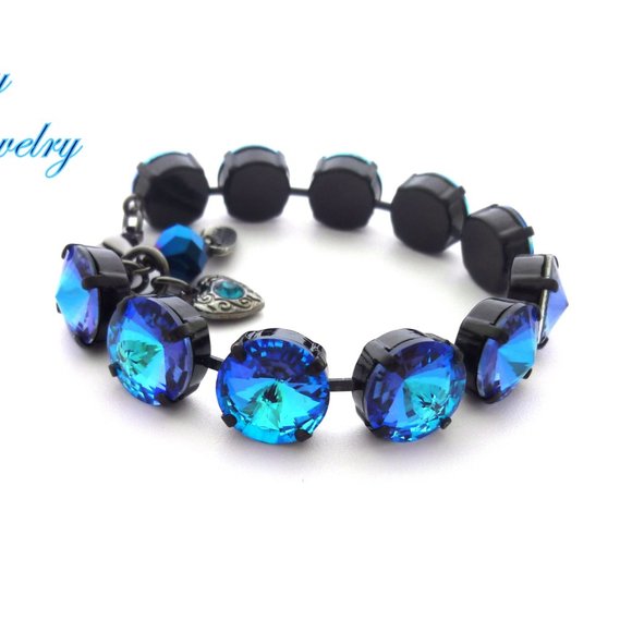 Royal Blue Delite Rivoli Crystal Bracelet, Large 12mm Rivoli, Noir black Finish - Picture 3 of 8